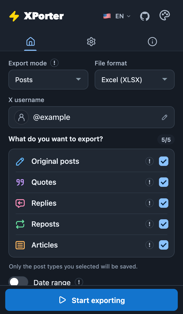 XPorter: Posts, Excel (XLSX), @example, post type filters and Start exporting