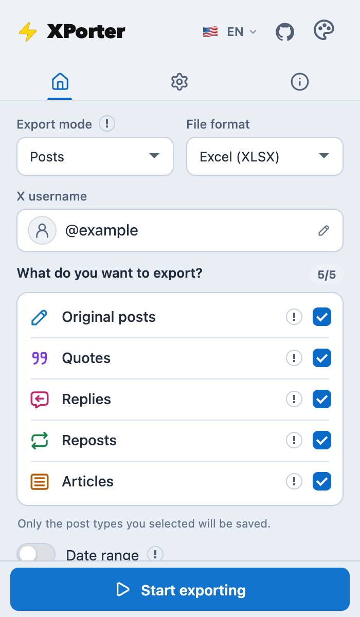XPorter: Posts, Excel (XLSX), @example, post type filters and Start exporting